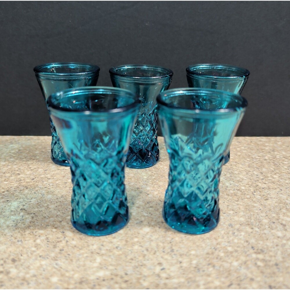 Set of 5 Vintage Diamond Pattern Blue Glass Shot Glasses Made in Tawian
